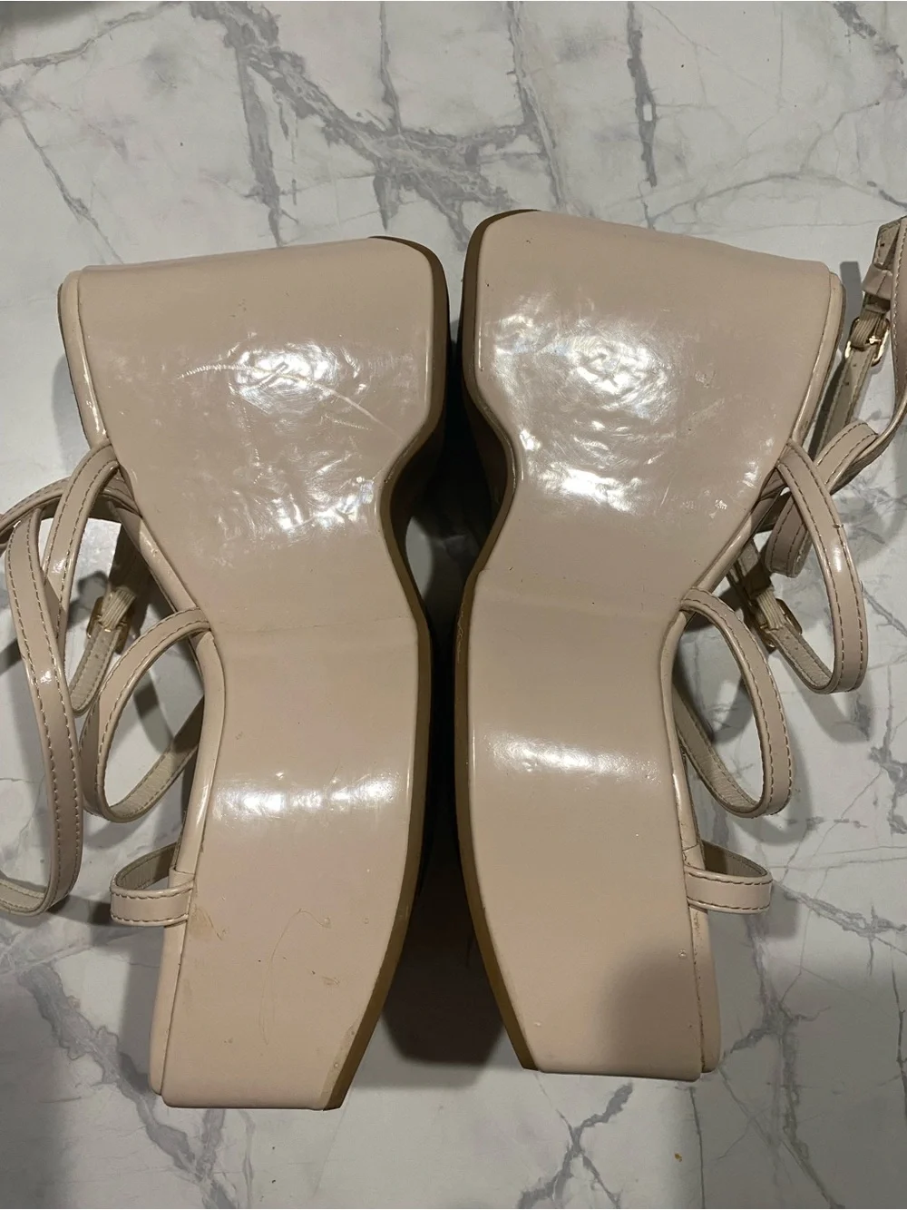 Beige Strappy Platform Wedge Sandals - Women's